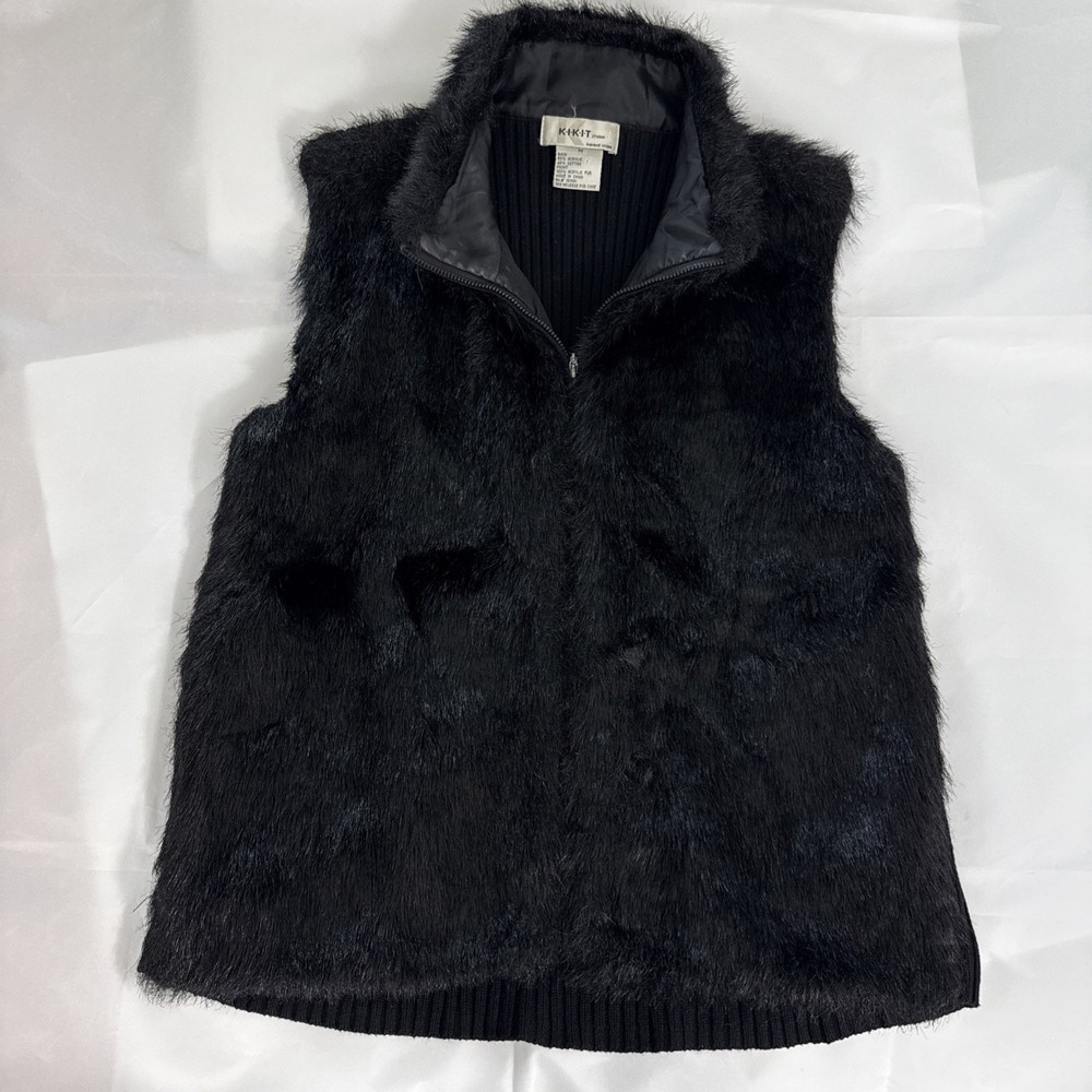 Kikit Studio Maurice Sasson Black Faux Fur Ribbed Knit Zip Up Vest Womens Medium